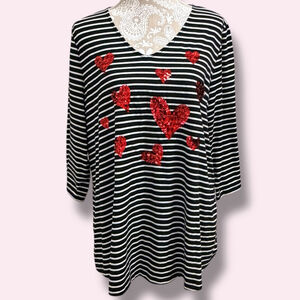 Catherines Striped Sequin Heart Top Womens 0X 14/16W Boho Valentine V-Neck